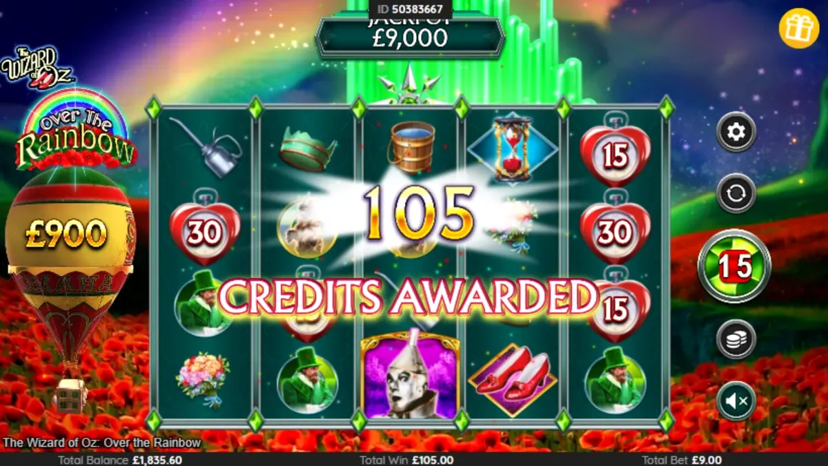 The Wizard of Oz: Over the Rainbow slot machine interface