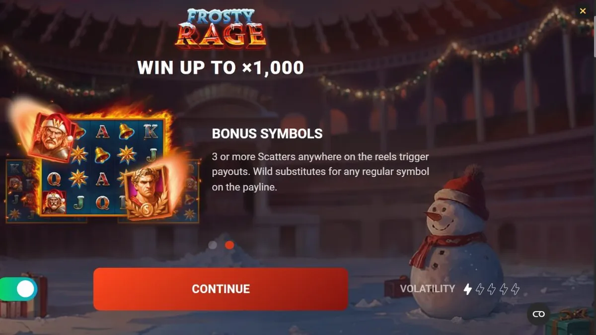 Interface do jogo de slot Frosty Rage com tema de Natal e gladiadores