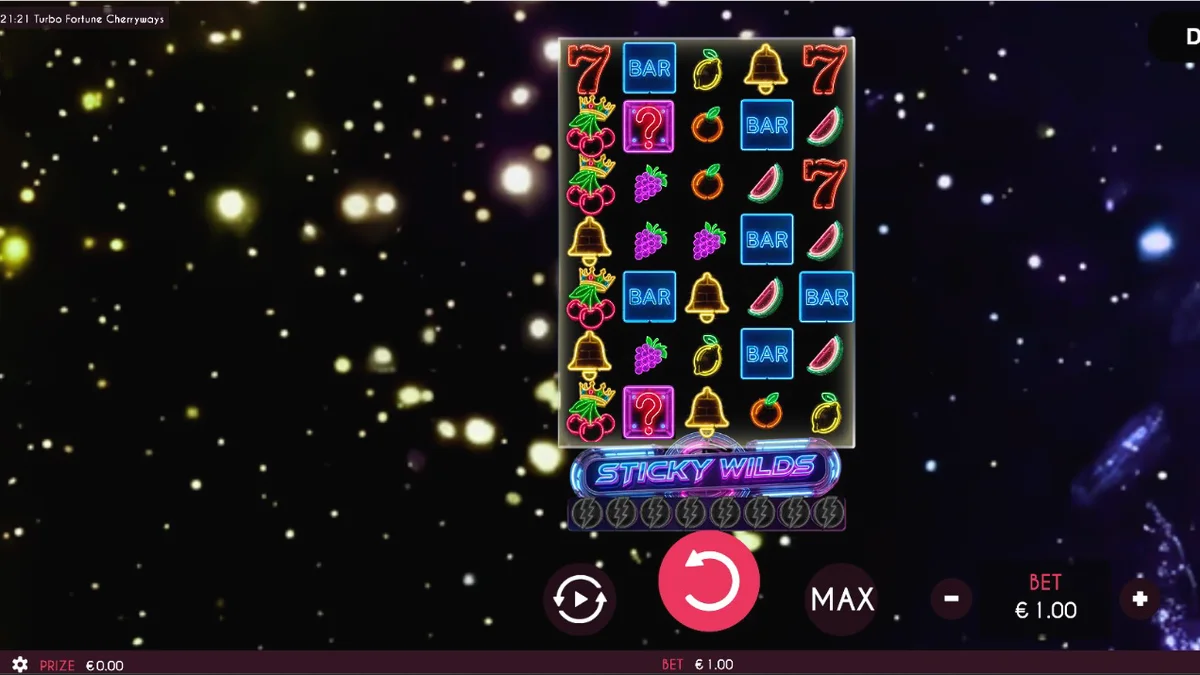 Interface do jogo de slot Turbo Fortune Cherryways com luzes neon e símbolos de frutas