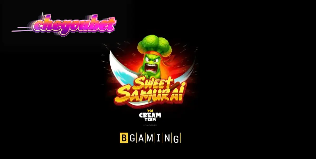 O mascote brócolis samurai em frente à grade de jogo do slot Sweet Samurai